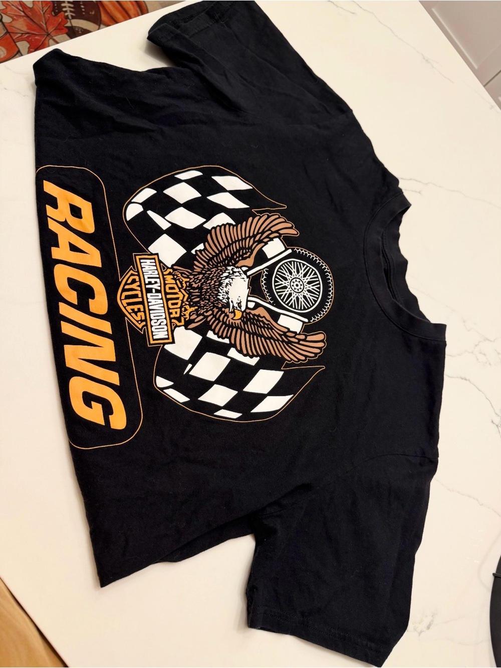 Harley-Davidson Black Tee with Orange Racing Eagle Graphic